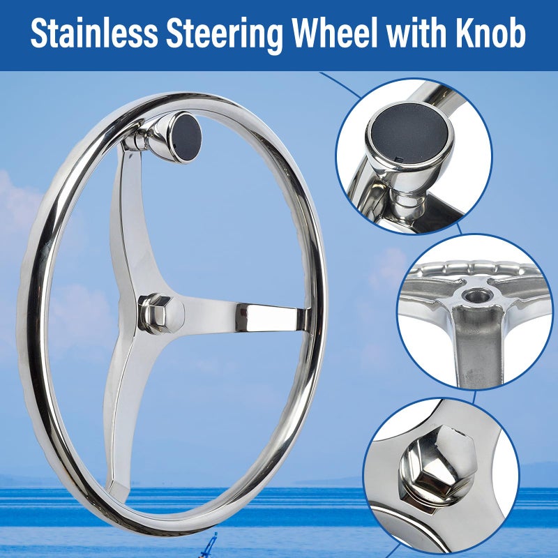 Amarine Made Stainless Steel Boat Steering Wheel 3 Spoke 13-1/2 Inch Dia, Marine Steering Wheel for Seastar and Verado, Stainless Steering Wheel with 5/8 Inch-18 Nut and Turning Knob - Image 4